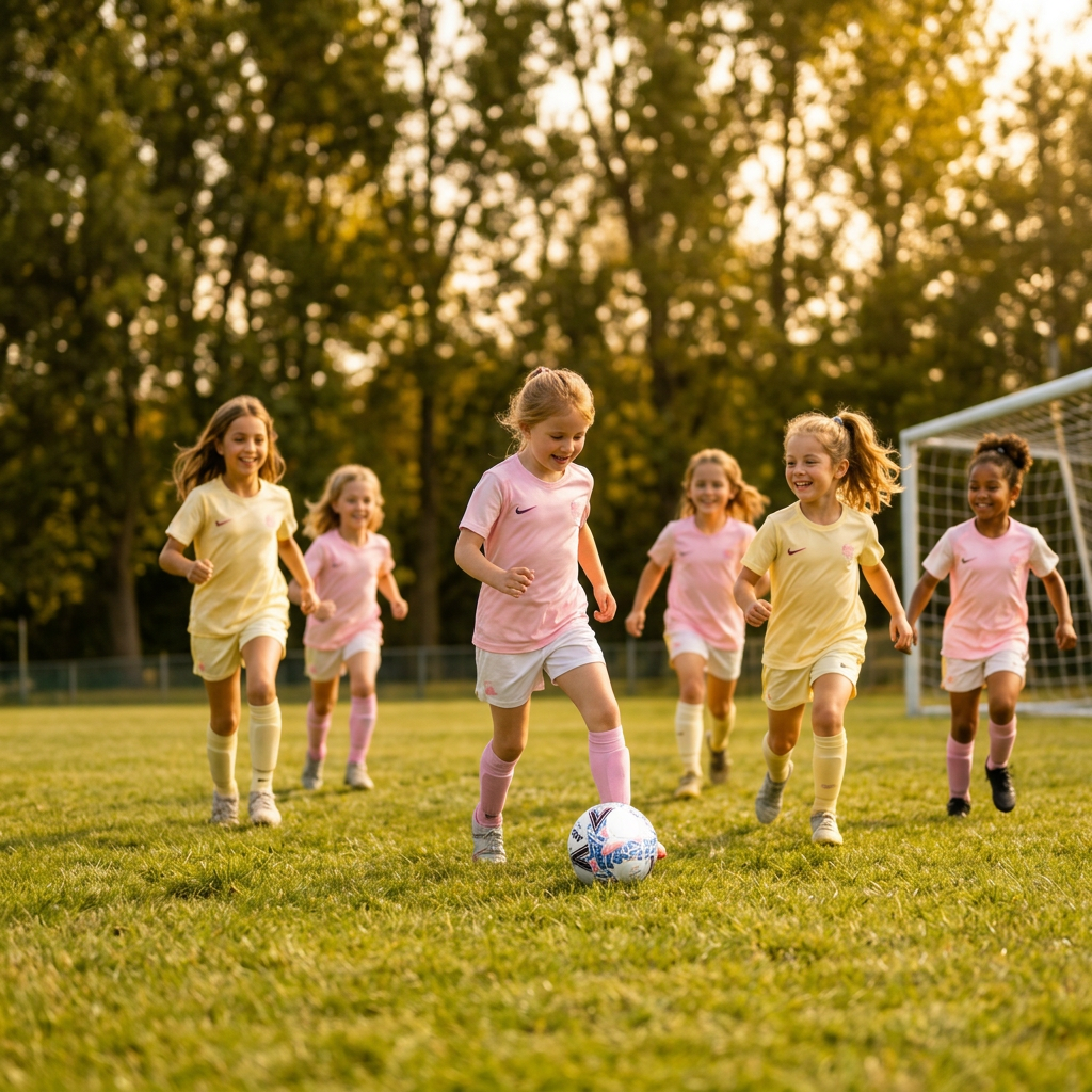 Young girls playing football at golden hour
